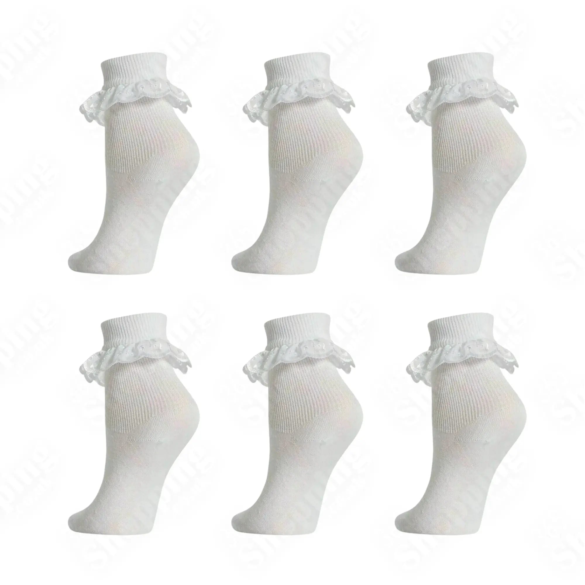 6 Pairs Lace Socks for Girls - Kids Frilly White Ankle Socks School All Sizes 365shopping.co.uk