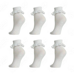 6 Pairs Lace Socks for Girls - Kids Frilly White Ankle Socks School All Sizes 365shopping.co.uk