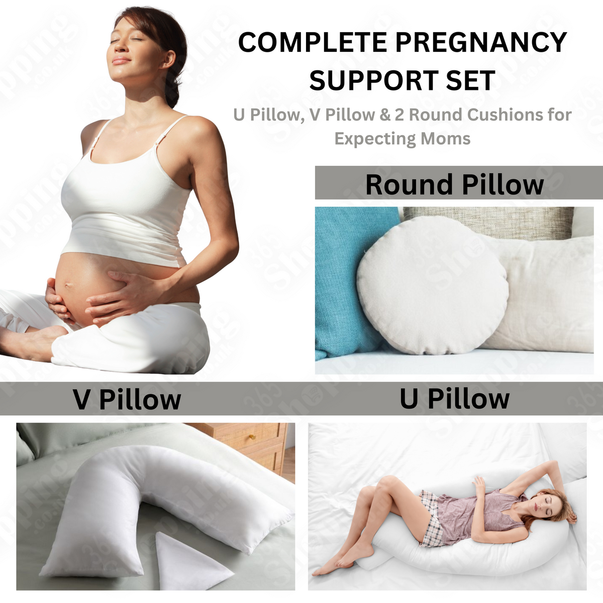 Complete Pregnancy Support Set - U Pillow, V Pillow & 2 Round Cushions for Expecting Moms