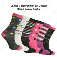 6 Pairs Ladies Designer Socks Cotton Blend Coloured Women Socks for Casual Use Size UK 4-7