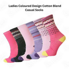 6 Pairs Ladies Coloured Socks Cotton Blend Designer Socks for Women Casual Socks Size UK 4-7