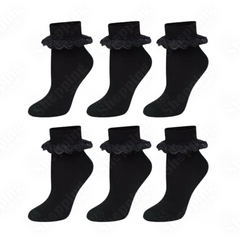 Girls Lace Socks 6 Pairs Kids Frilly Black Ankle Socks School All Sizes