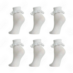 6 Pairs Lace Socks for Girls - Kids Frilly White Ankle Socks School All Sizes